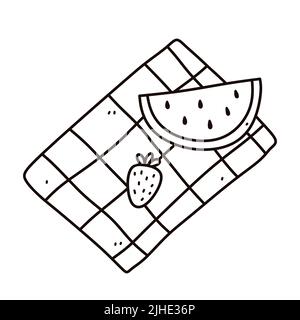 Morceau de pastèque et de fraise sur la nappe. Pique-nique avec fruits. Illustration vectorielle dessinée à la main, style doodle. Idéal pour les motifs, cartes, logos et décorations d'été. Illustration de Vecteur
