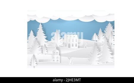 Paysage d'hiver en papier. Montagnes, arbres et maisons. Carte postale en papier découpé en couches. Illustration vectorielle Illustration de Vecteur
