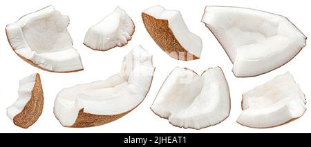 Pièces de noix de coco isolées sur fond blanc, pleine profondeur de champ Banque D'Images