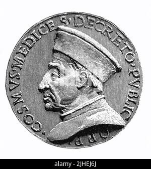 Siegelmünze des Cosimo de’ Medici, il Vecchio, der Alte, 10. Avril 1389 à Floren - 1. 1464 août r ein Staatsmann, Bankier und Mäzen, der jahrzehntelang die Politik seiner Heimatstadt Florenz lenkte / pièce de monnaie de sceau de Cosimo de' Medici, il Vecchio, l'ancien, 10 avril 1389 à Florence - 1 août 1464,r un homme d'État, banquier, Et patron des arts qui ont guidé la politique de son natif Florence pendant des décennies, Historisch, historique, numérique amélioré la reproduction d'un original du 19th centu, genaues Originaldatum nicht bekannt Banque D'Images