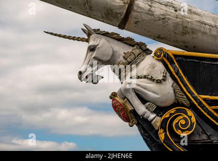 Dundee, Écosse, Royaume-Uni – 23 juin 2022. Gros plan de la figure de proue du HMS Unicorn, un vieux navire de guerre restauré et converti en musée, situé dans Banque D'Images