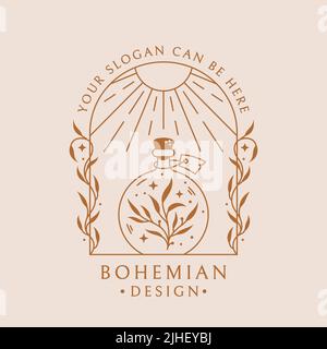 Logo Potion boho. Emblème tendance pour la guérison botanique, herbes médicinales, homéopathie, aromathérapie, huiles essentielles, Produit de beauté naturel, etc. Vector Illustration de Vecteur