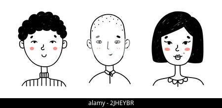 Ensemble de visages de personnes mignons dans le style de doodle. Portraits de jeunes filles et de garçons heureux isolés sur fond blanc. Idéal pour les médias sociaux, avatars.Vector illustration à la main des personnages de dessin animé Illustration de Vecteur