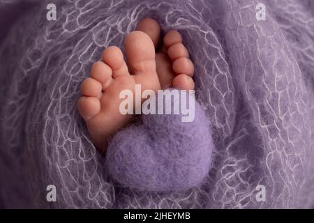 Pieds doux d'un nouveau né dans une couverture de laine mauve lilas. Tricoté violet, coeur lilas dans les jambes d'un bébé. Banque D'Images