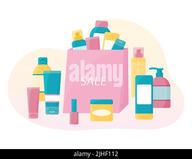 Vente de cosmétiques. Pile de cosmétiques isolée. Produits de beauté et de soin de la peau dans le sac. Ensemble vectoriel de bouteilles de crème, tubes, spray. Illustration plate. Illustration de Vecteur