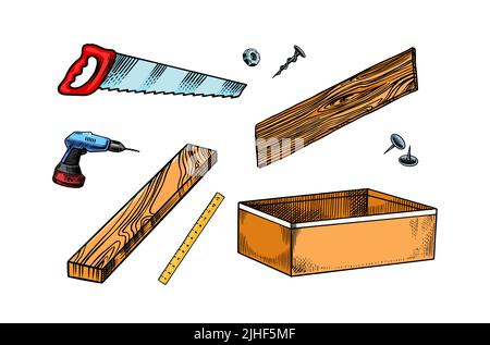 Outils de réparation. Planches en bois, perceuse et scie, boîte. Informations sur le bricolage. Faites-le vous-même. Dessin vintage gravé à la main. Illustration de Vecteur