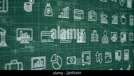 Illustration d'icônes sur le réseau de connexions et de traitement des données Banque D'Images