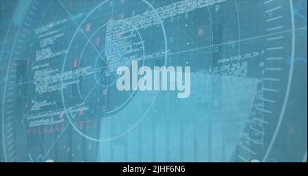 Image d'un réseau de connexions avec des icônes et de l'oscilloscope sur le paysage urbain Banque D'Images