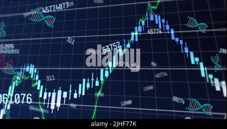 Image du traitement des données sur des brins d'adn sur fond noir Banque D'Images