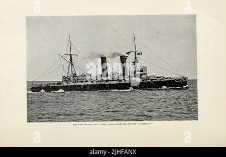 Le navire de croisière protégé de première classe de la Nouvelle Marine britannique HMS Blenheim 1890 était un véhicule de croisière protégé de première classe de Blake qui a servi dans la Marine royale de 1890 à 1926. Elle a été construite par Thames Ironworks & Shipbuilding Company à Leamouth, Londres. Le navire a été nommé d'après la bataille de Blenheim. D'après un article "NAVIRES DE LA NOUVELLE MARINE BRITANNIQUE" par W. Laird Clotvcs de Factory and Industrial Management Magazine Volume 6 1894 Publisher New York [etc.] McGraw-Hill [etc.] Banque D'Images