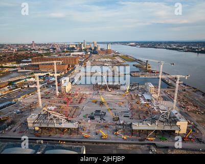 Vue aérienne générale du quai de Bramley-Moore lors de la construction d'un nouveau stade pour le FC Everton Banque D'Images