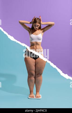 Collage conceptuel avec jeune fille mince avec corps de femme plus-taille isolée sur fond bleu-violet. Perte de poids, forme physique, alimentation saine Banque D'Images