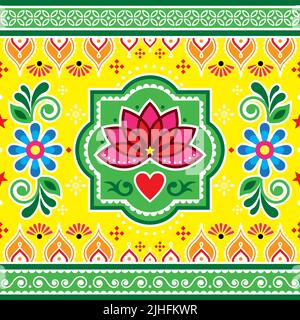 Motif vectoriel d'art indien et pakistanais pour camions sans couture avec fleur de lotus, coeur et formes géométriques, motif Diwali traditionnel Illustration de Vecteur