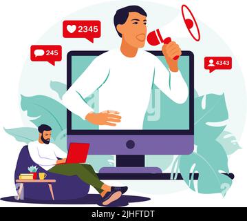 Blogueur avec des haut-parleurs annonçant des nouvelles, attirant le public cible. Marketing, promotion, concept de communication. Illustration vectorielle. Plat. Illustration de Vecteur