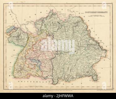 Sud de l'Allemagne. Bavière Bade-Wurtemberg Rheinland-Pfalz. DOWER 1845 vieille carte Banque D'Images