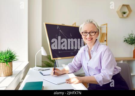 Femme heureuse qui travaille comme enseignante de mathématiques à l'école assise à son bureau dans la salle de classe Banque D'Images
