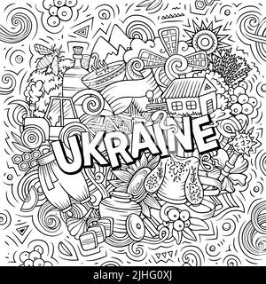 Ukraine dessin main dessin dessin dessin animé Doodle illustration. Drôle de design ukrainien. Arrière-plan vectoriel créatif. Texte manuscrit avec éléments de pays européens a Illustration de Vecteur