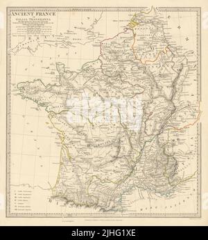 ANCIENNE FRANCE ROMAINE GAULE. Gallia Transalpina. Noms romains routes.SDUK 1844 carte Banque D'Images