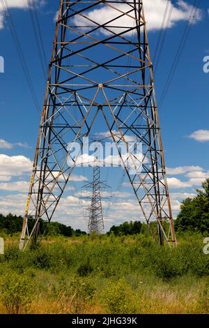 Tours de transmission haute tension dans un champ. Ontario Canada. Banque D'Images