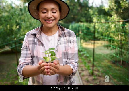 Une agronome féminine souriante et agréable tient le semis entre ses mains, avant du planter dans un sol ouvert fertilisé Banque D'Images