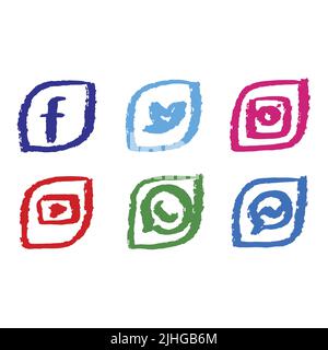 Collection moderne de logos des icônes les plus populaires des réseaux sociaux, peint avec un pinceau acrylique, facebook, instagram, twitter, whatsapp, Illustration de Vecteur