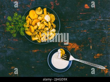 champignons au lait salé avec des branches vertes d'aneth dans un bol noir et champignons sur la fourchette et crème sure dans la soucoupe sur une table en bois noir avec espace pour les copies Banque D'Images