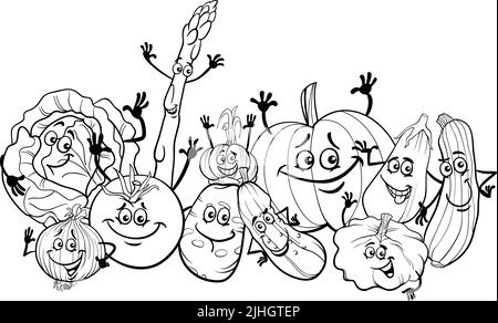 Dessin animé noir et blanc illustration de la page de coloriage de groupe de Happy Vegetables Illustration de Vecteur