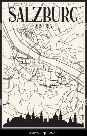 Affiche panoramique de la ville dessinée à la main avec le réseau de rues du centre-ville de SALZBOURG, AUTRICHE Illustration de Vecteur