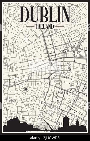 Affiche panoramique de la ville dessinée à la main avec le réseau de rues du centre-ville de DUBLIN, IRLANDE Illustration de Vecteur