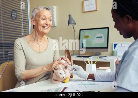 Portrait d'une femme âgée souriante tenant un chat à la clinique vétérinaire et consultant avec une jeune femme vétérinaire Banque D'Images