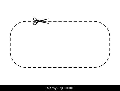 Coupon à lignes pointillées en ciseaux avec icône en forme de tiret. Illustration de Vecteur