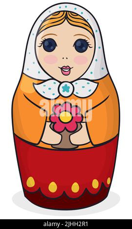 Jolie poupée Matryoshka, avec capuche blanche, cheveux blonds et vêtement russe traditionnel, tenant une fleur. Design de style dessin animé. Illustration de Vecteur