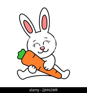 Mignon lapin blanc tenant la carotte. Élément de conception Pâques. Le personnage de lapin de dessin animé aime les carottes. Kawaii animal assis et tenant des légumes. Vecteur Illustration de Vecteur
