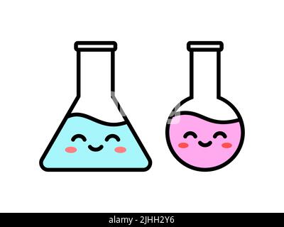 Flacon de laboratoire de kawaii. Deux personnages mignons d'équipement de laboratoire. Concept de retour à l'école. Conception scientifique drôle pour la chimie. Verre Erlenmeyer de dessin animé Illustration de Vecteur