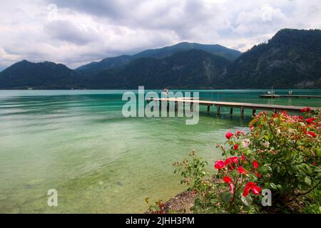 Attersee - célèbre lac turquoise autrichien. La vue sur les rosiers, la jetée et les montagnes en arrière-plan. Ciel nuageux. Banque D'Images