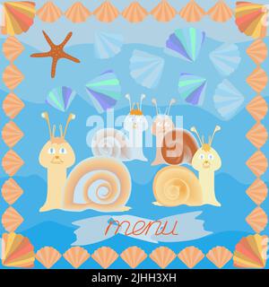 carte postale faite d'escargots et de coquillages colorés pour la conception du menu pour enfants Illustration de Vecteur