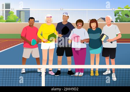 Illustration vectorielle de personnes âgées jouant à Pickleball Outdoor Illustration de Vecteur