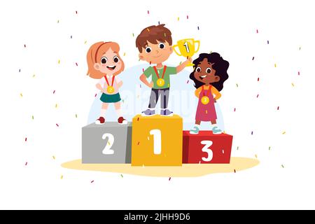 Illustration vectorielle des enfants dans un trophée et des médailles de Podium Holding Illustration de Vecteur