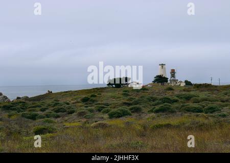 La station de lumière Piedras Blancas au nord de San Simeon, CA, vue depuis le sentier Boucher qui s'étend autour et derrière. Photos prises en milieu de matinée. Banque D'Images