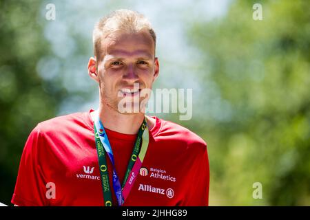 Eugene, Oregon, États-Unis, 18 juillet 2022. Belge Eliott Crestan photographié lors d'une conférence de presse, aux Championnats du monde d'athlétisme de l'IAAF 19th à Eugene, Oregon, Etats-Unis, le lundi 18 juillet 2022. Les mondes ont lieu du 15 au 24 juillet, après avoir été reportés en 2021 en raison de la pandémie du virus corona. BELGA PHOTO JASPER JACOBS Banque D'Images