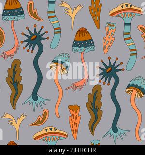 Motif sans couture avec éléments naturels organiques. Texture artistique dessinée à la main avec des formes de champignons psychédéliques. Illustration de Vecteur