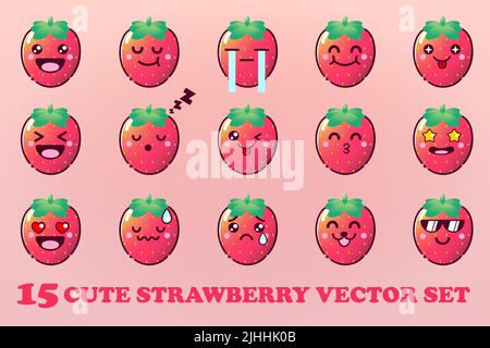 Joli dessin animé fraise avec visages kawaii et ensemble de style chibi Emoticon Vector Illustration de Vecteur