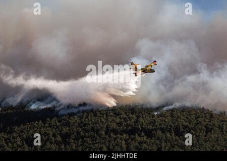 Rence, Slovénie. 17th juillet 2022. Un avion croate de lutte contre les incendies de Canadair dépose de l'eau sur un grand feu de forêt brûlant dans les collines au-dessus de Rence. Un grand incendie de forêt a éclaté dans les collines de la région de Karst en Slovénie, le pays souffrant de sécheresse et de températures élevées. L'incendie a brûlé pendant deux jours et plus de 400 pompiers ont combattu l'incendie avec l'appui aérien des hélicoptères de l'armée slovène, d'un hélicoptère de police, d'hélicoptères italiens et d'un avion croate de lutte contre l'incendie Canadair. Crédit : SOPA Images Limited/Alamy Live News Banque D'Images