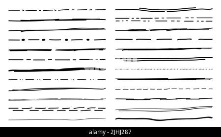 Souligner les lignes de gribouillage de trait de pinceau ou de crayon et marqueur de stylo, vecteur isolé. Des points de repère dessinés à la main avec un stylo à encre ou un marqueur à peinture, des séparateurs de ligne à main levée et des points de repère Illustration de Vecteur