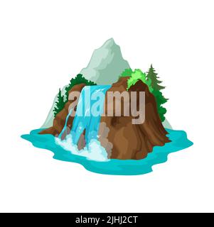 Paysage de dessin animé vectoriel avec cascade, montagne et arbre de pin, élément d'actif de jeu. Cascades de rivière, cascade de cours d'eau scène Illustration de Vecteur