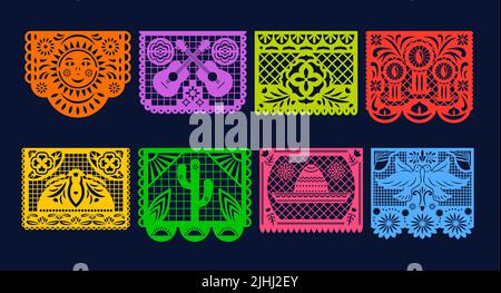 Drapeaux tachés de papier mexicain picado. Modèles de guirlande de découpe de papier isolée Vector Day of Dead. Traditionnel Mexique Dia de los muertos découpe au laser décoration avec motif floral, sombrero, cactus Illustration de Vecteur