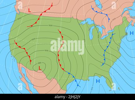 Carte isobare de prévisions météorologiques des États-Unis, diagramme de vent et vecteur de température. Météorologie climat et prévisions météorologiques isobar de l'Amérique des États-Unis avec cyclone froid et carte de pression atmosphérique Illustration de Vecteur