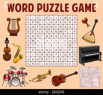 Instruments de musique recherche de mots jeu de puzzle feuille de calcul. Grille de quiz pour enfants, puzzle éducatif ou livre de jeux logiques pour enfants page vectorielle avec violon, batterie et saxophone, trompette, guitare et piano Illustration de Vecteur
