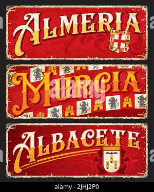Almeria, Murcia, Albacete, plaques de ville espagnole et autocollants de voyage, étiquettes de bagage vecteur. Espagne villes étain signes et planches de voyage avec des repères, des emblèmes de drapeau et des symboles de municipalité Illustration de Vecteur