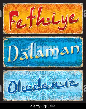 Fethiye, Dalaman, Oludeniz, autocollants et plaques de voyage de la ville turque, panneaux d'étain vecteur et étiquettes à bagages. Autocollants de voyage et de tourisme de Turquie ou plaques de grunge avec les emblèmes et drapeaux des villes turques Illustration de Vecteur